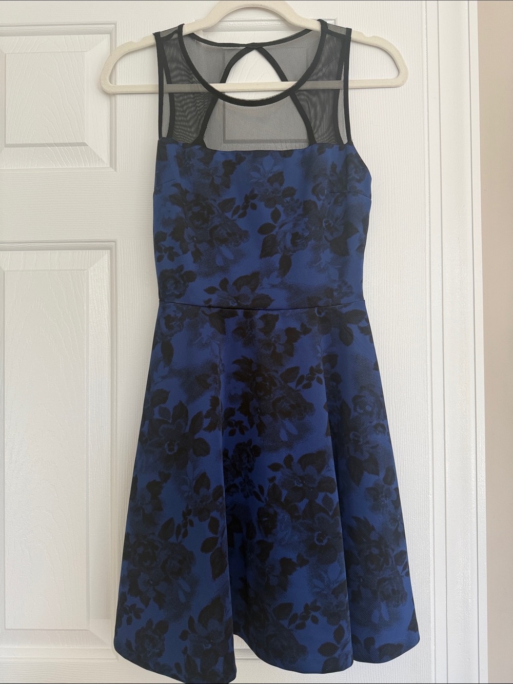 Aqua Royal Blue and Black Floral Mesh Yoke Mini Dress, size M: sized as a S